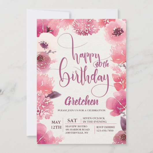 Roze verjaardag Bloemen Uitnodiging (Voorkant)