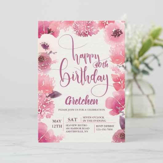 Roze verjaardag Bloemen Uitnodiging (Staand voorkant)