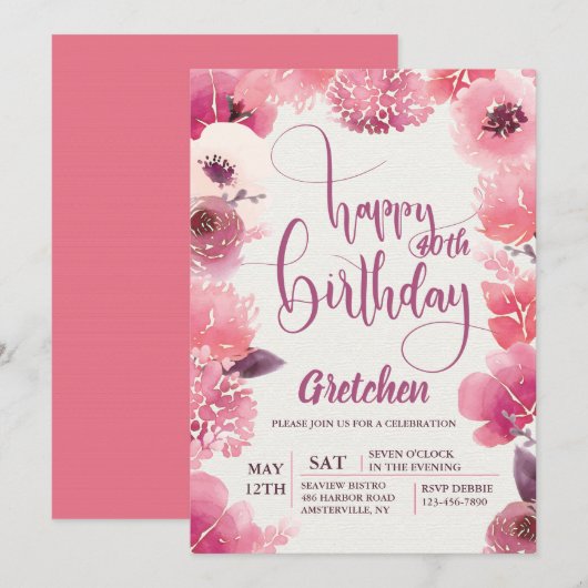 Roze verjaardag Bloemen Uitnodiging (Voorkant / Achterkant)