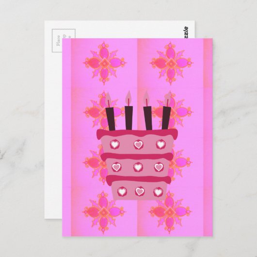 Roze Verjaardag Cake Art Print Briefkaart (Voorkant / Achterkant)