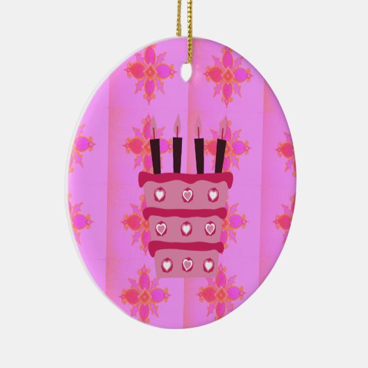 Roze Verjaardag Cake Art Print Keramisch Ornament (Rechts)