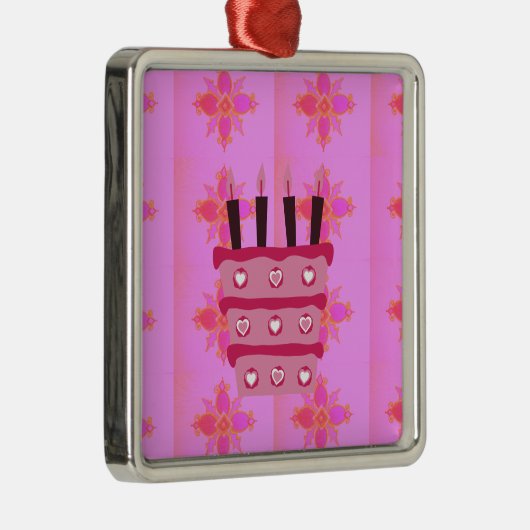 Roze Verjaardag Cake Art Print Metalen Ornament (Rechts)