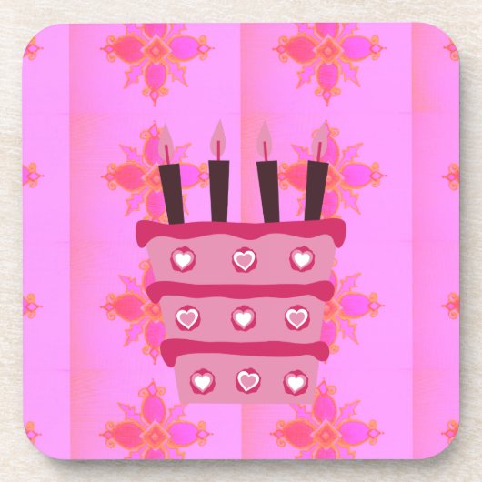 Roze Verjaardag Cake Art Print Onderzetter (Voorkant)