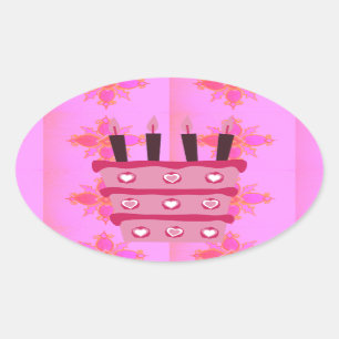 Roze Verjaardag Cake Art Print Ovale Sticker