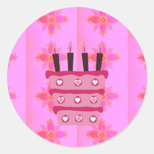 Roze Verjaardag Cake Art Print Ronde Sticker