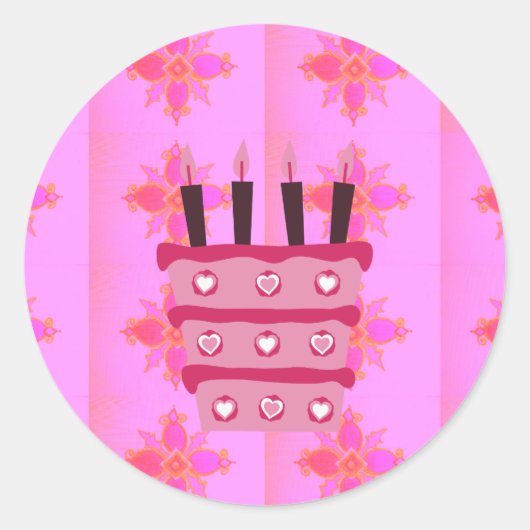 Roze Verjaardag Cake Art Print Ronde Sticker (Voorkant)