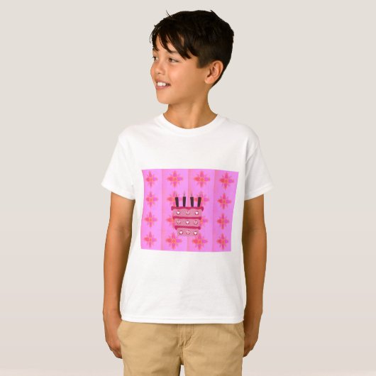 Roze Verjaardag Cake Art Print T-shirt (Voorkant volledig)