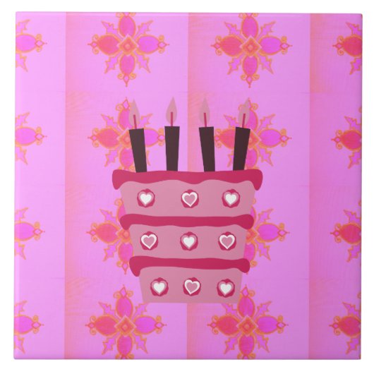 Roze Verjaardag Cake Art Print Tegeltje (Voorkant)