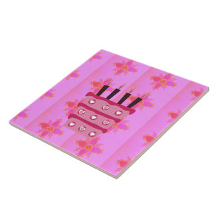 Roze Verjaardag Cake Art Print Tegeltje