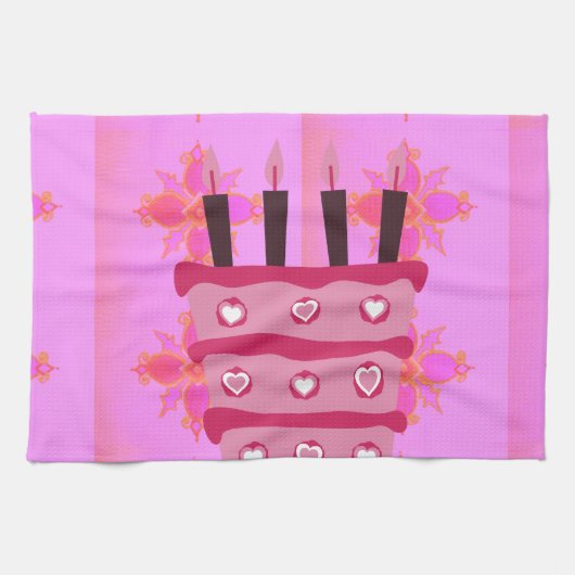 Roze Verjaardag Cake Art Print Theedoek (Horizontaal)