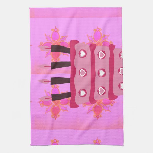 Roze Verjaardag Cake Art Print Theedoek (Verticaal)