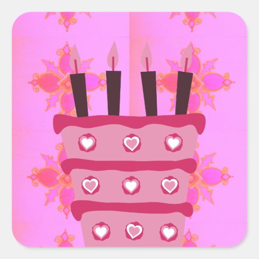 Roze Verjaardag Cake Art Print Vierkante Sticker (Voorkant)