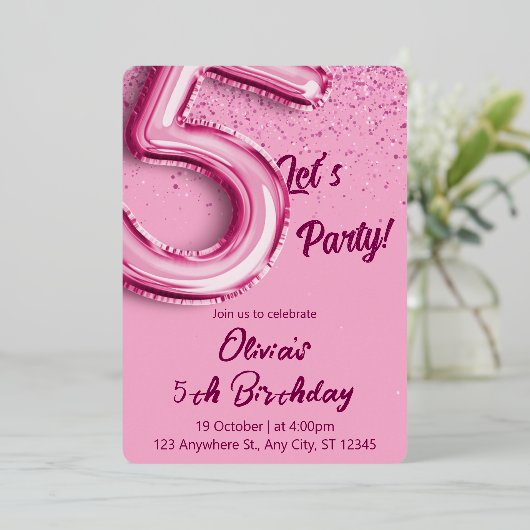 Roze verjaardag folie uitnodiging (Staand Voorkant)