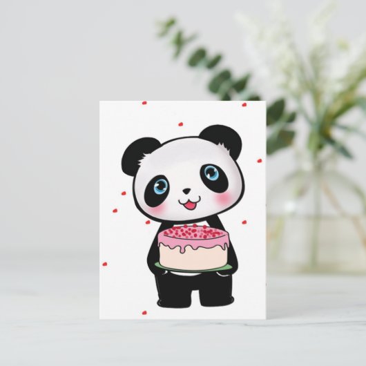 Roze Verjaardag Panda Beer met Cake Fan Enthusiast Briefkaart (Staand voorkant)