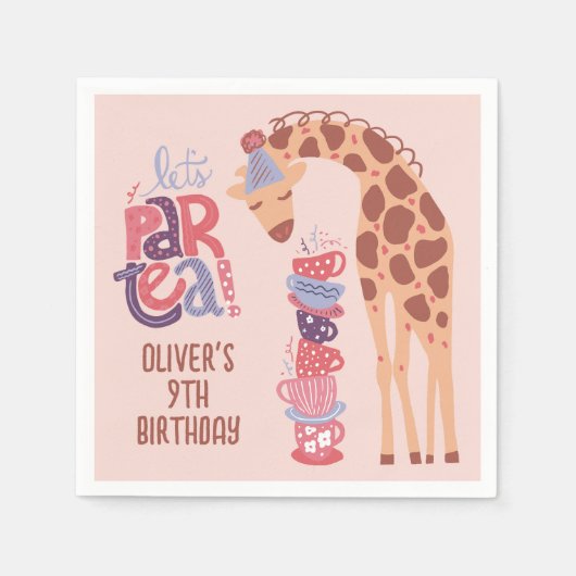 Roze Verjaardag ParTea Giraffe Papier Servet (Voorkant)