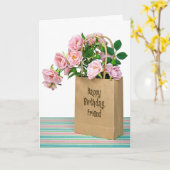 Roze Verjaardag Rozen in tas voor Vriend Kaart (Gele Bloem)