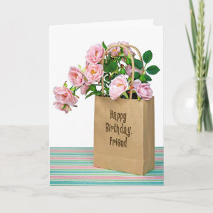 Roze Verjaardag Rozen in tas voor Vriend Kaart