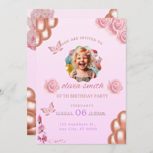 Roze verjaardag uitnodiging (Voorkant / Achterkant)