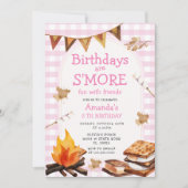 Roze Verjaardag zijn S'mores Fun Kampvuur Gingham Kaart (Voorkant)