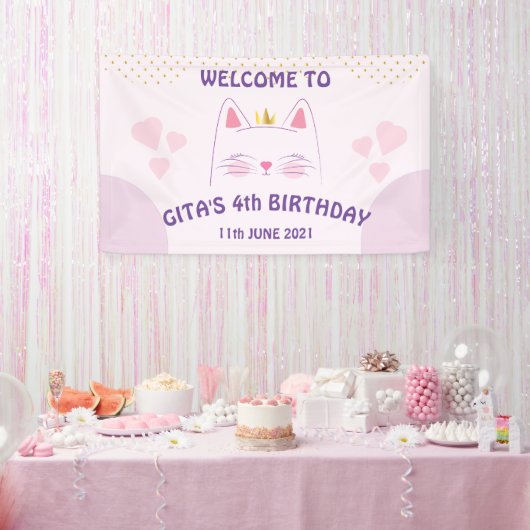 Roze verjaardagsbanner met katje spandoek (Feest)
