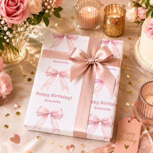 Roze verjaardagsboog witte meisje cadeaupapier