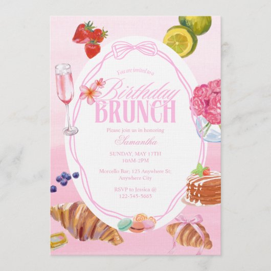 Roze verjaardagsbrunch met croissant kaart (Voorkant)