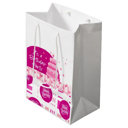 Roze Verjaardagsfeest Medium Cadeauzakje (Voorkant Gekanteld)