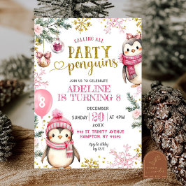 Roze Verjaardagsfeest Penguins Winter Verjaardagsu Kaart