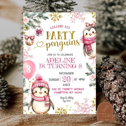 Roze Verjaardagsfeest Penguins Winter Verjaardagsu Kaart