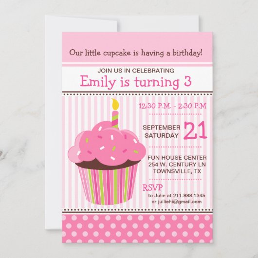 Roze Verjaardagsfeest Uitnodiging Cupcake (Voorkant)