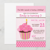 Roze Verjaardagsfeest Uitnodiging Cupcake (Voorkant / Achterkant)