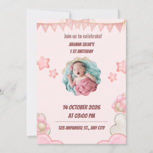 Roze verjaardagsfeest uitnodiging voor kinderen