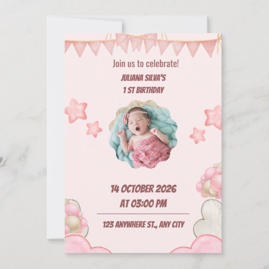 Roze verjaardagsfeest uitnodiging voor kinderen (Voorkant)