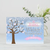 Roze verjaardagsfeest uitnodiging Winter Wonderlan (Staand voorkant)