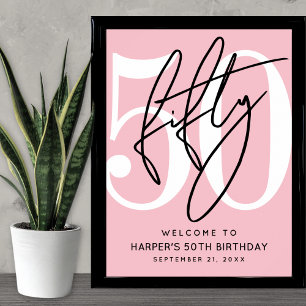 Roze verjaardagsfeest-welkomstbord 50 jaar poster