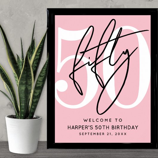 Roze verjaardagsfeest-welkomstbord 50 jaar poster