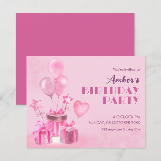 Roze Verjaardagsfeestje Kaart (Voorkant / Achterkant)