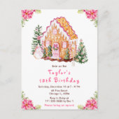 Roze verjaardagsfeestje met een huis van peperkoek briefkaart (Voorkant)