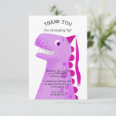Roze verjaardagsfeestje voor kinderen met dinosaur bedankkaart (Staand voorkant)
