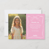 Roze verjaardagsfoto meisje strik bedankkaart (Voorkant)