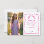 Roze verjaardagsfoto meisje strik wit bedankkaart (Voorkant)