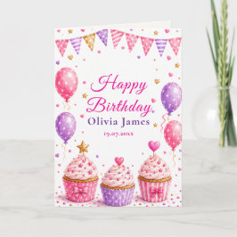 Roze verjaardagskaart met cupcake bedankkaart