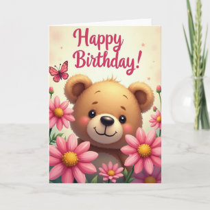 Roze verjaardagskaart met knuffelvriend en bloemen kaart