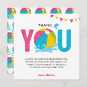 Roze verjaardagskaart met zwembadfeest Bedankkaart (Voorkant / Achterkant)