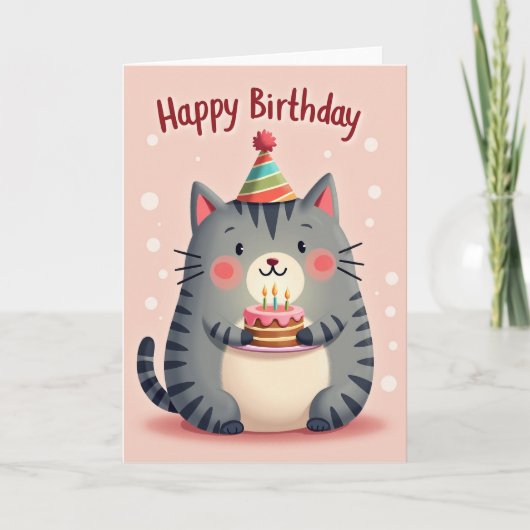 Roze Verjaardagskaart van Kat Kaart (Voorkant)