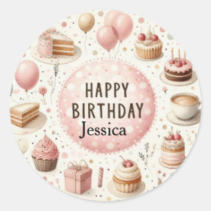 Roze verjaardagskaart voor meisjes met cupcakes en ronde sticker