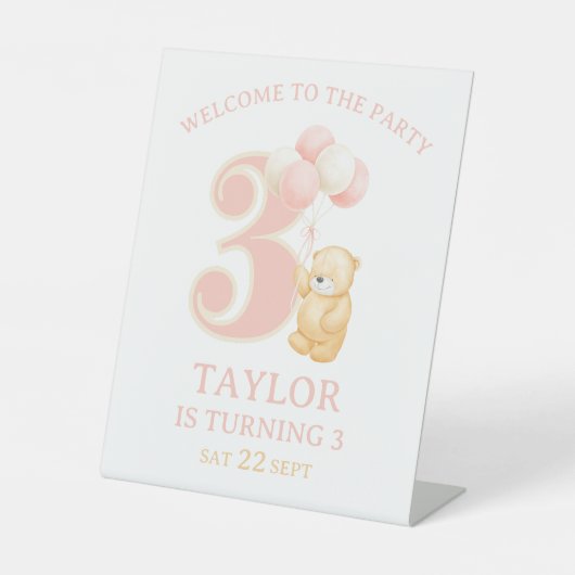 Roze Verjaardagsmeisje 3 jaar Custom Welkomstbord Reclamebord Met Voetstuk (Voorkant)