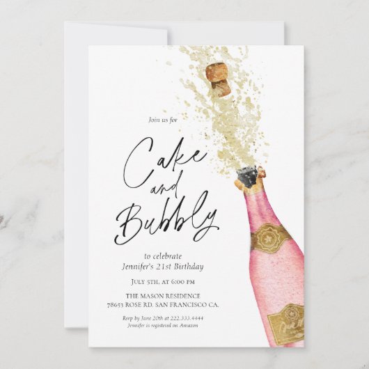 Roze Verjaardagstaart en Bubble Champagne Kaart (Voorkant)