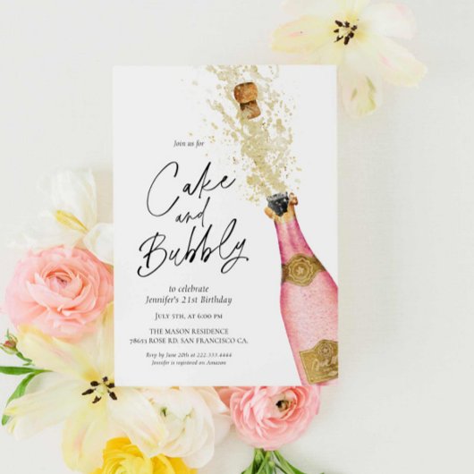 Roze Verjaardagstaart en Bubble Champagne Kaart