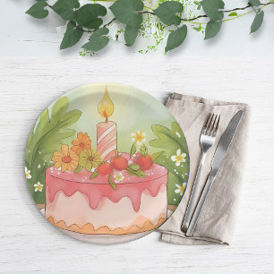 Roze verjaardagstaart Gefeliciteerd met je verja Papieren Bordje